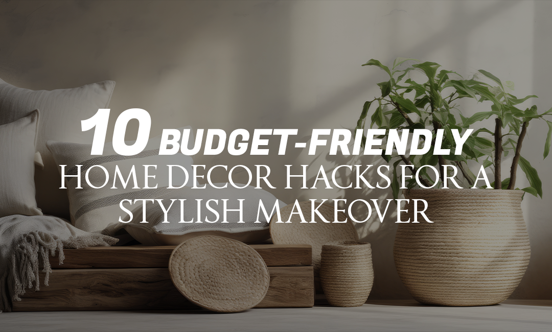 A cozy home decor hacks setup featuring neutral-toned cushions, woven baskets, a wooden tray, and green plants, creating a stylish and budget-friendly interior design.